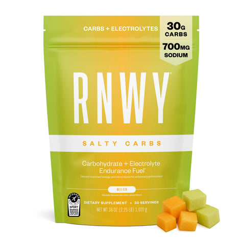 RNWY Salty Carbs bottle-front demonstrates endurance-ready hydration and fueling.