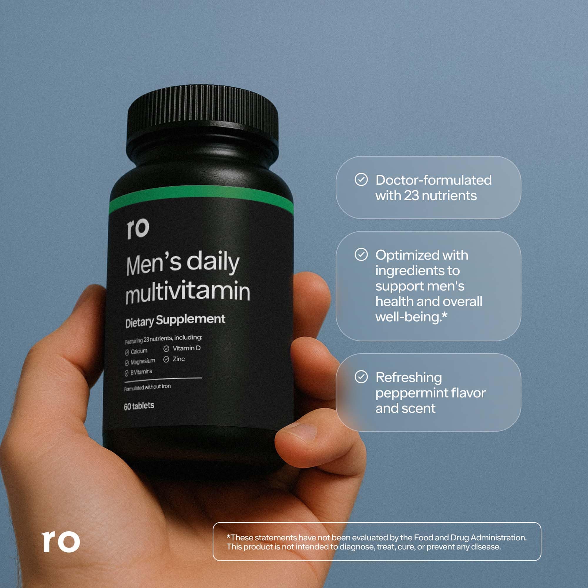 Ro Daily Multivitamin for Men tablets close-up highlighting tablet shape and peppermint coating