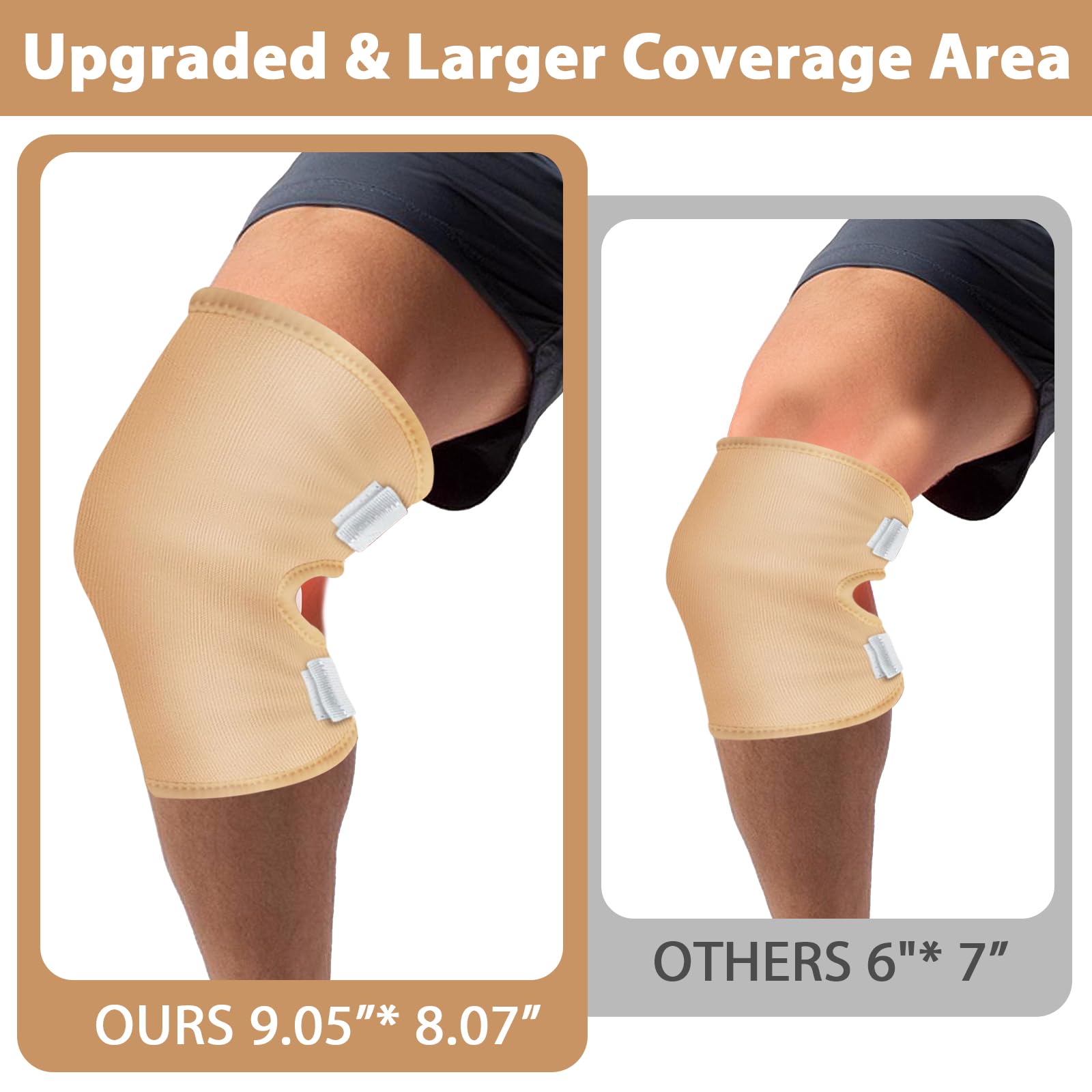 ROBOHOOK Castor Oil Knee Wrap application showing easy Velcro for adjustable fit.