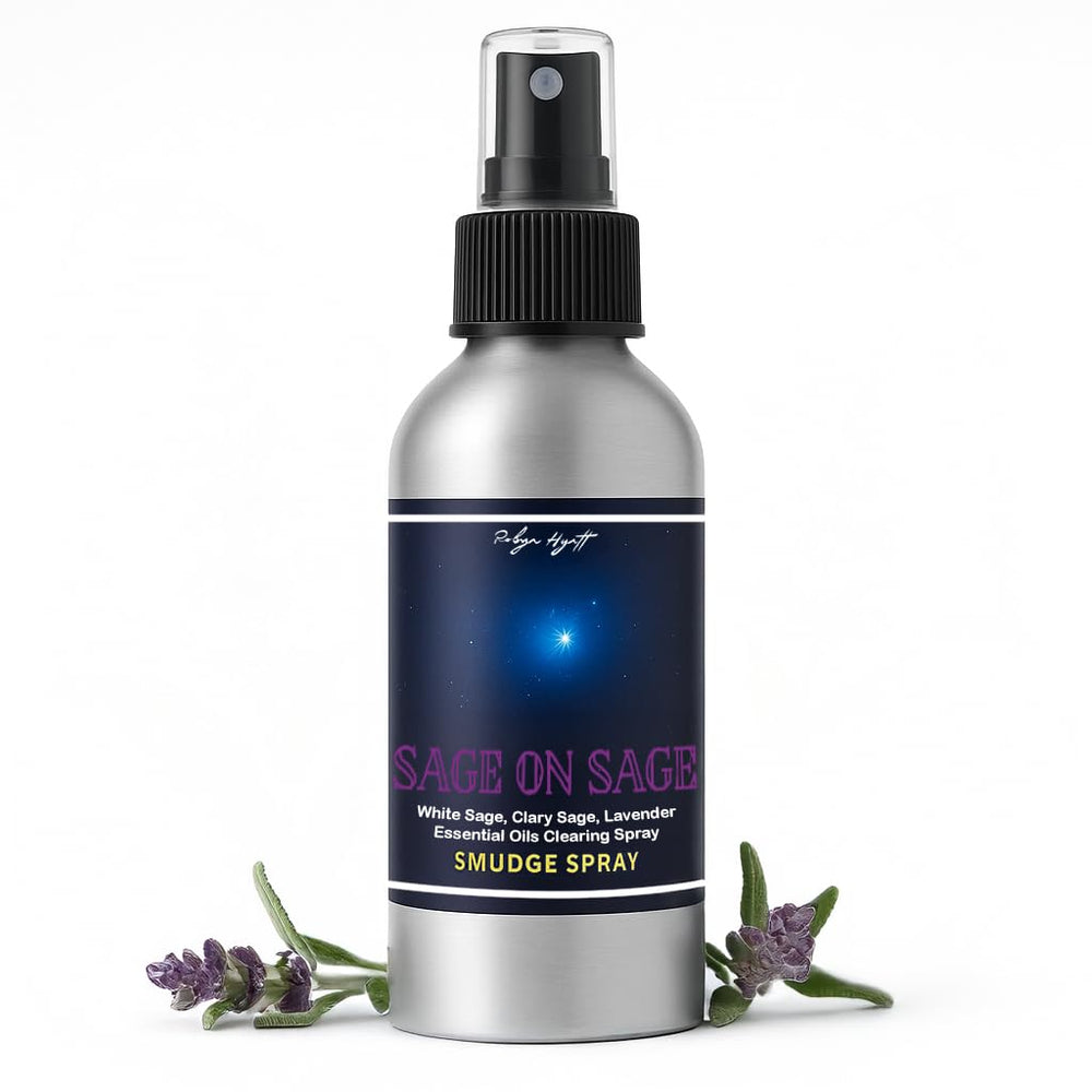 Robyn Hyatt Sage On Sage bottle in premium smudge spray for easy space cleansing.