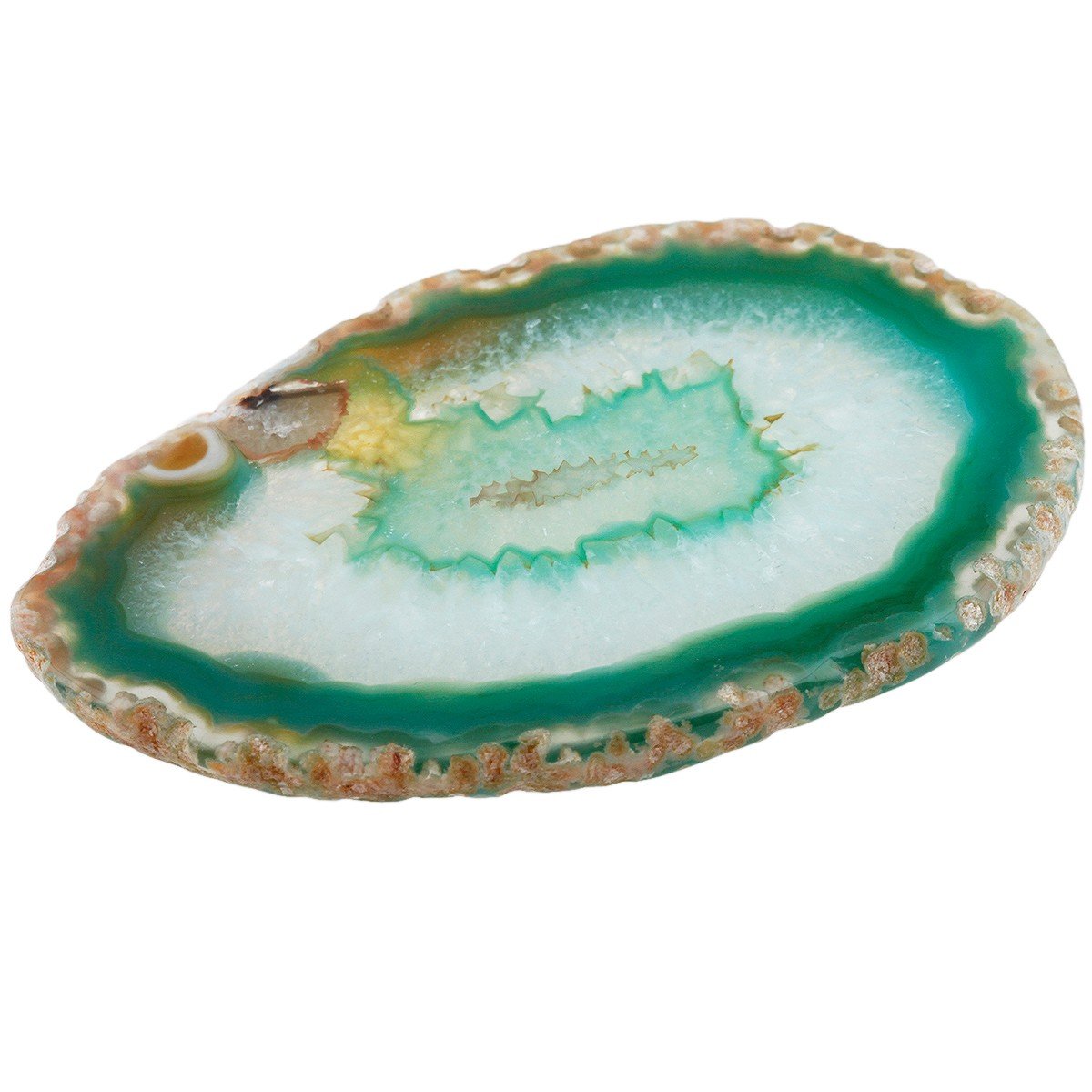 Rockcloud agate green slice catches light as a decorative paperweight.