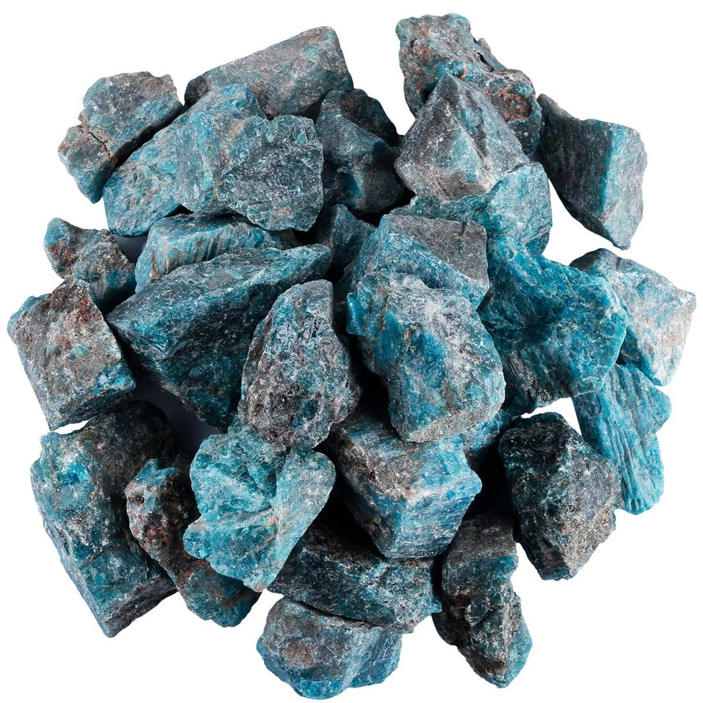 Rockcloud Blue Apatite rough bundle for cabbing and tumbling, displaying natural colors.
