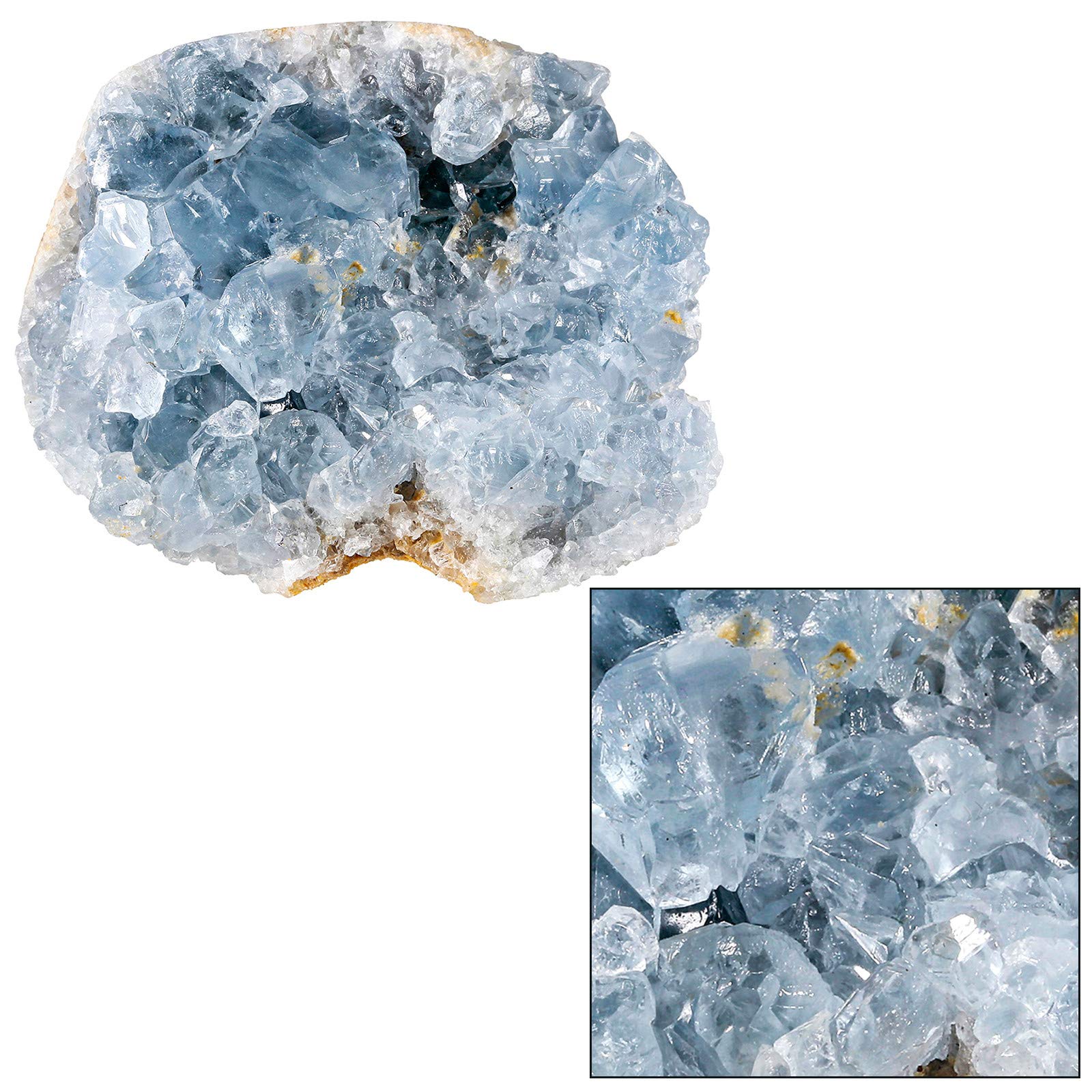 Rockcloud blue celestite cluster on a table, enhances harmony in living rooms.