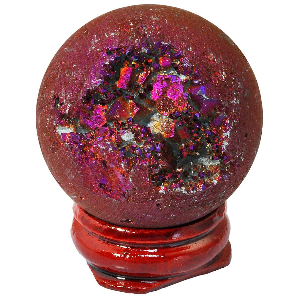Rockcloud drusy agate geode purple flame aura ball shines on wood stand for desk decor