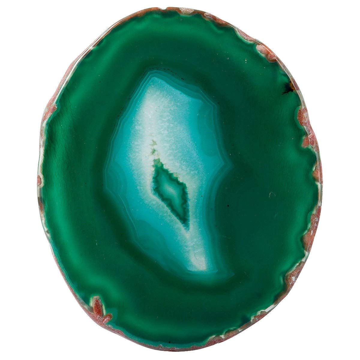 Rockcloud green agate slices with visible geode interior add natural texture to displays.