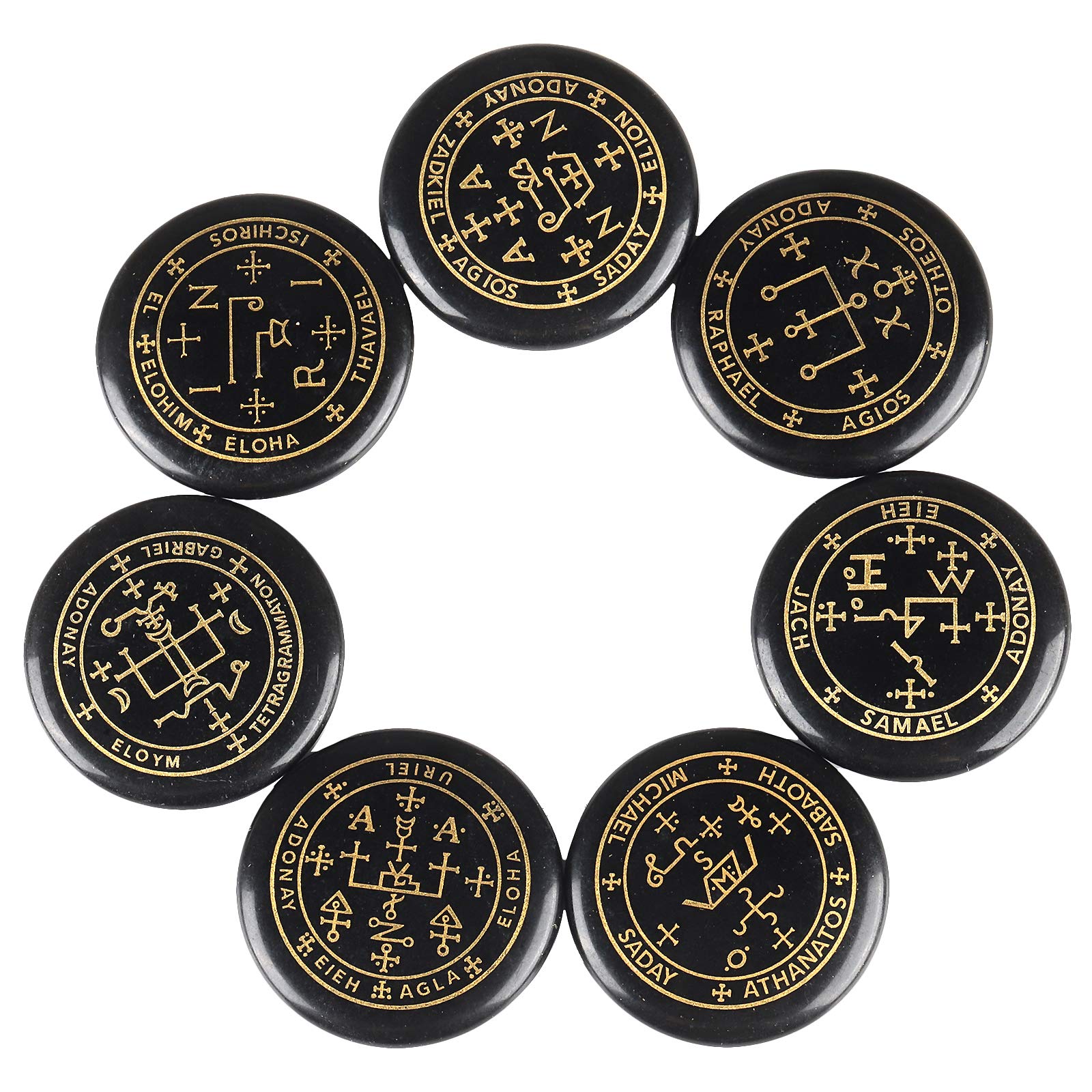 Rockcloud healing crystal seven stones with engraved magic circle for chakra balancing.