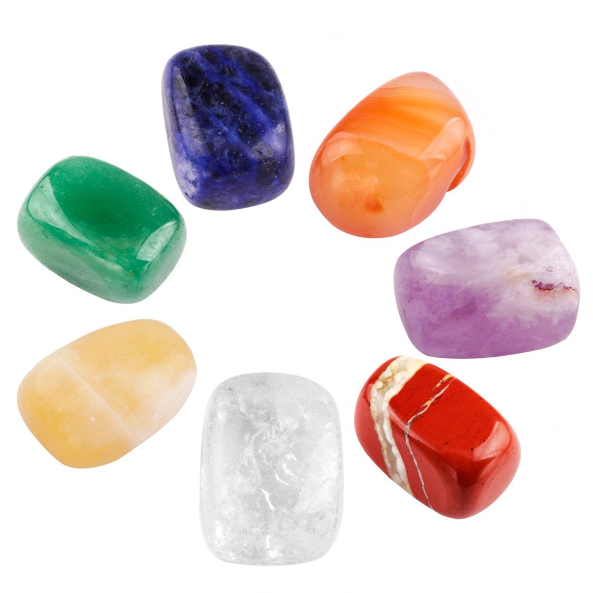 Rockcloud 7pcs chakra palm stones in vibrant colors support meditation and energy focus.