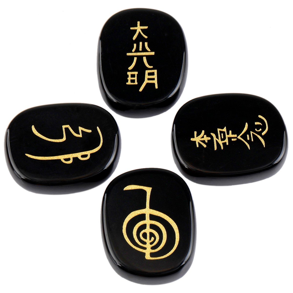 Rockcloud black agate chakra stones with engravings for mindful balance.