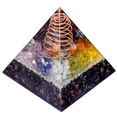 Rockcloud healing crystal pyramid with copper wire, front view, promotes calm energy for meditation.