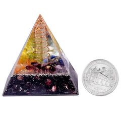 Rockcloud healing crystal pyramid with copper wire, side view, supports energy balance for focus.