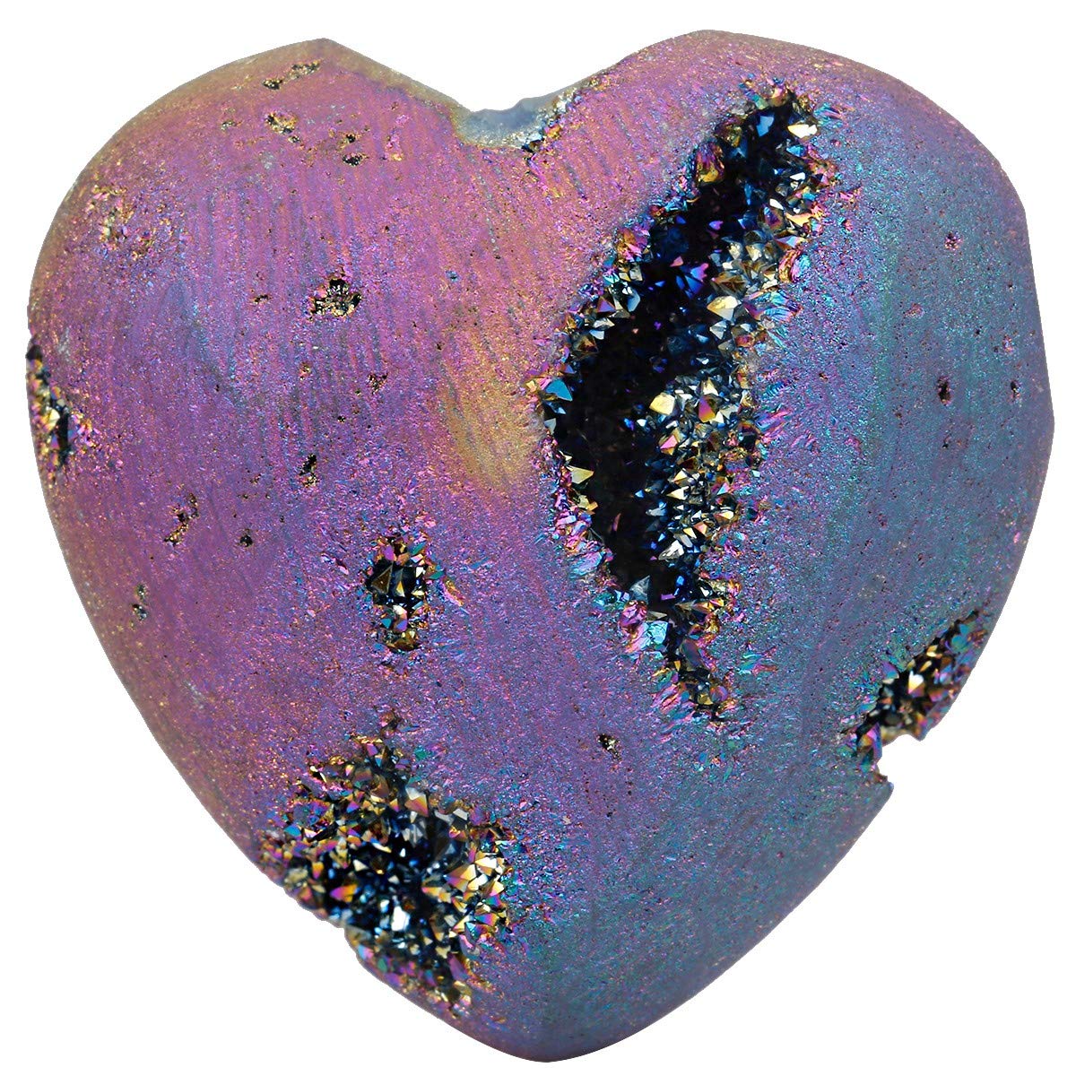 Rockcloud heart-shaped geode druzy with rainbow coating, ideal for desk decor.