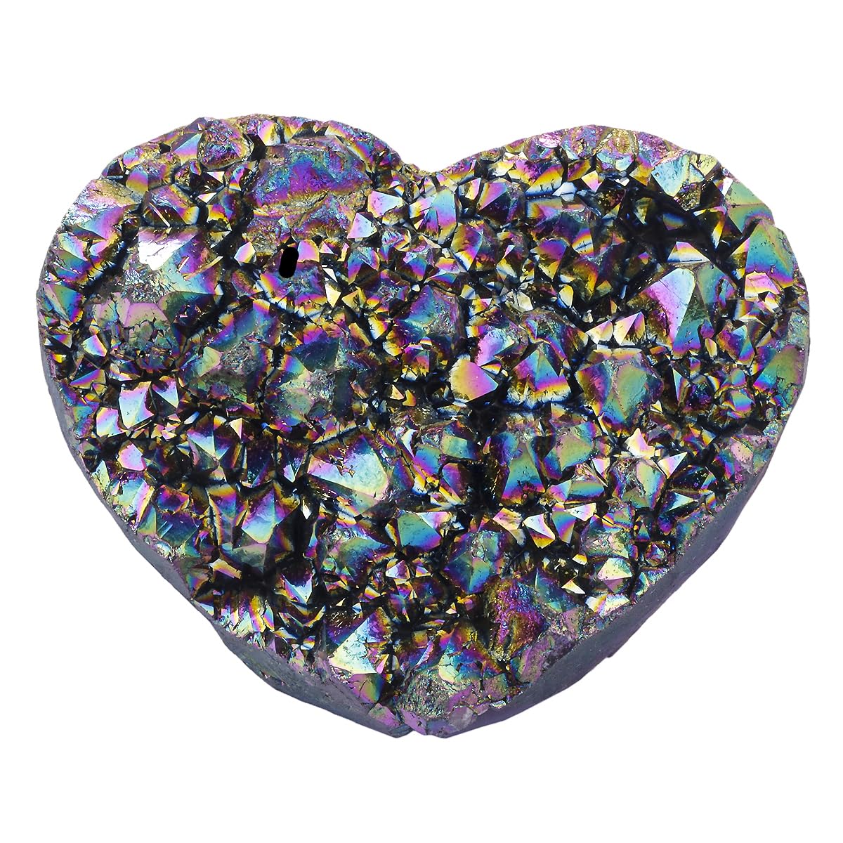 Rockcloud heart-shaped titanium quartz cluster with rainbow facets for meditation and calm energy.