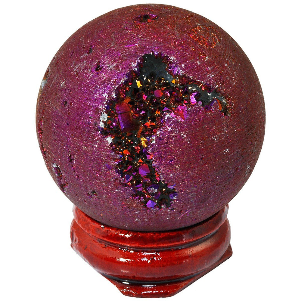 Rockcloud natural druzy agate geode ball on wood stand offers elegant desk centerpiece