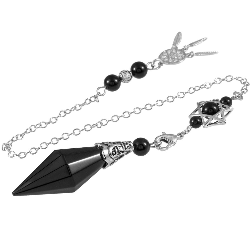 Rockcloud obsidian pendulum with 12-facet crystal point for divination and focus.