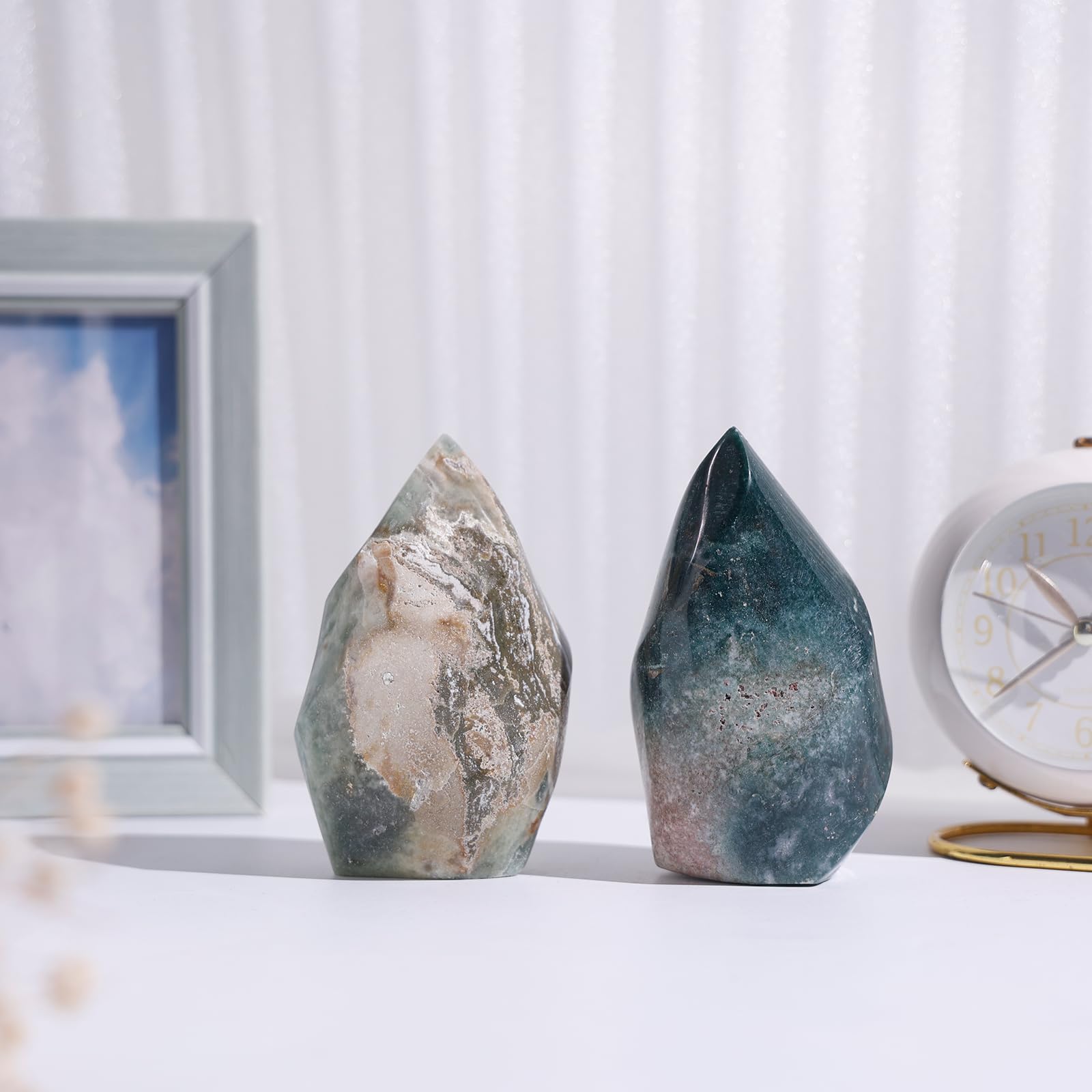 Rockcloud Ocean Jasper flame tower on a stand for meditation corners
