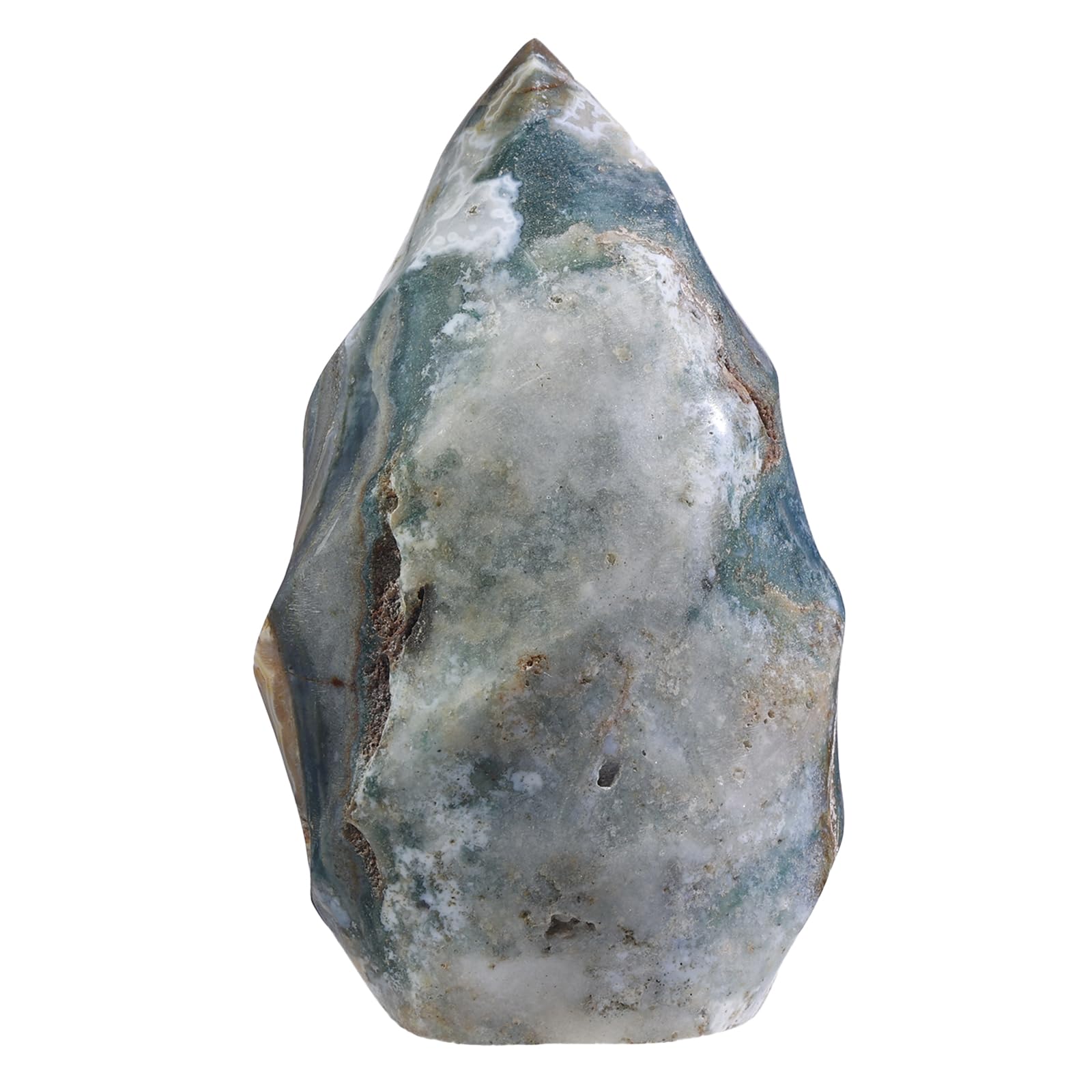 Rockcloud Ocean Jasper Flame Tower top view shows the flame shape and natural color variations for decor ideas