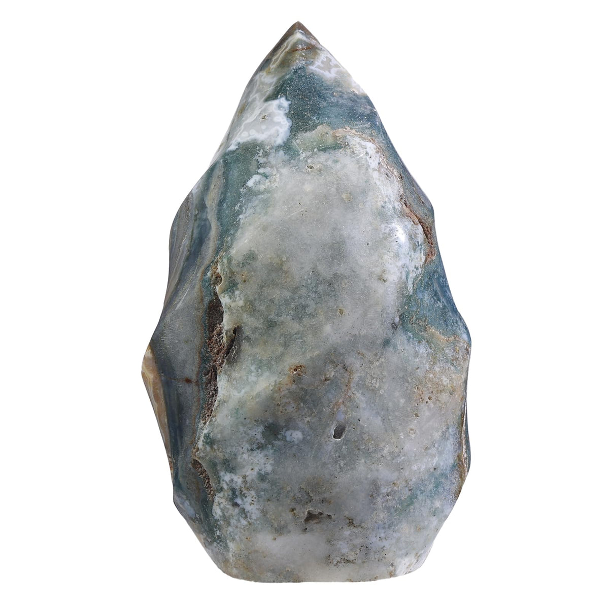 Rockcloud Ocean Jasper Flame Tower top view shows the flame shape and natural color variations for decor ideas