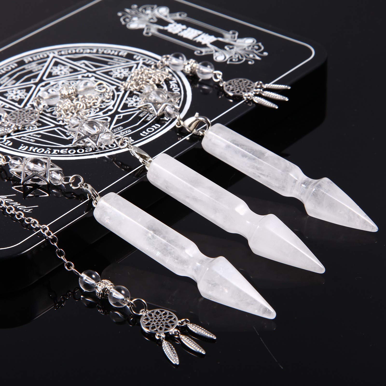 Rockcloud Crystal pendulum with dimensions and chain length overview.