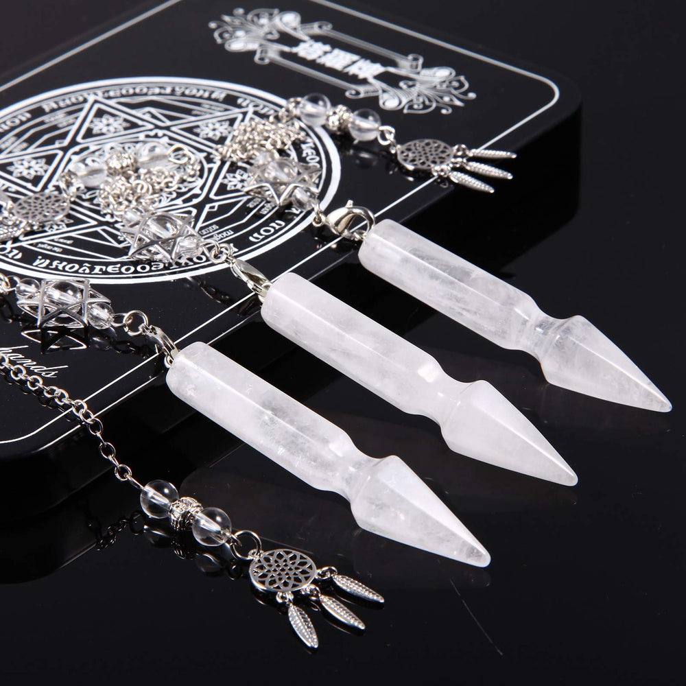 Rockcloud Crystal pendulum with dimensions and chain length overview.