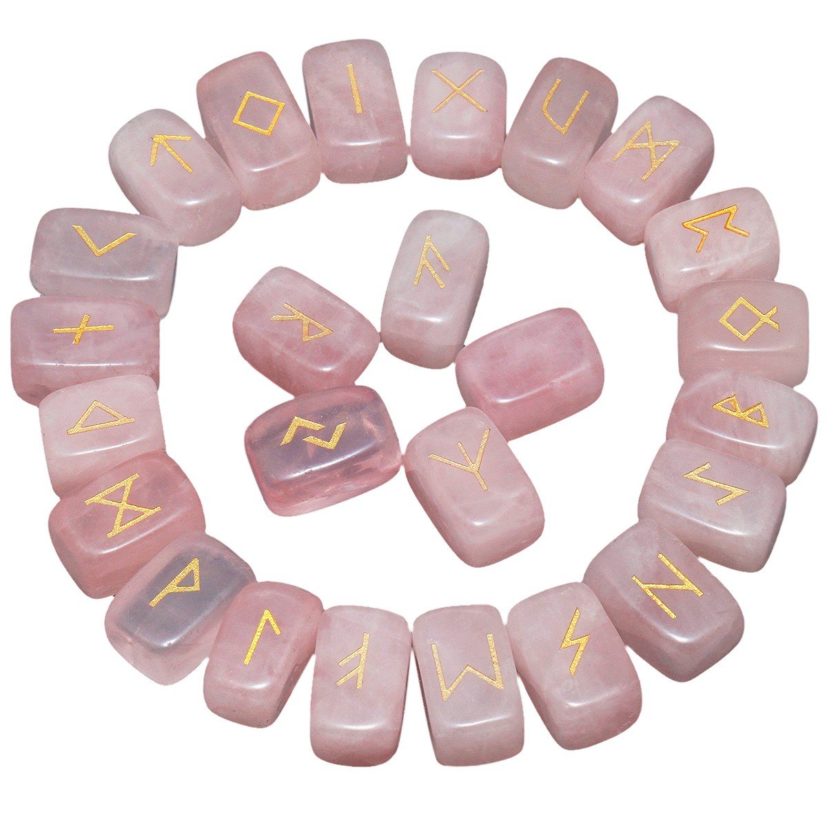 Rockcloud Rose Quartz Rune Stones front view shows smooth tumbled surfaces for meditation.