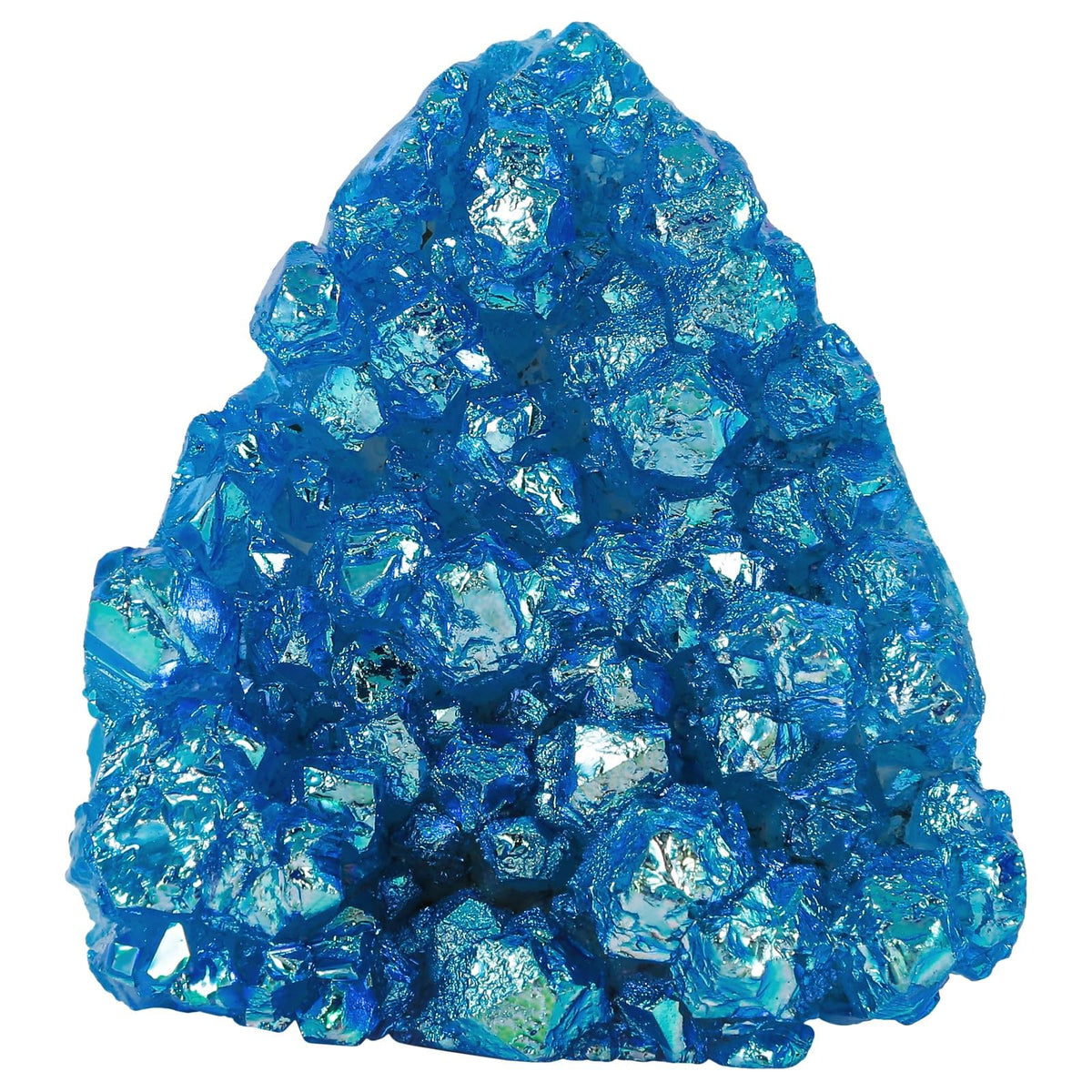 Rockcloud titanium-coated white AB crystal cluster front view with vibrant decor glow