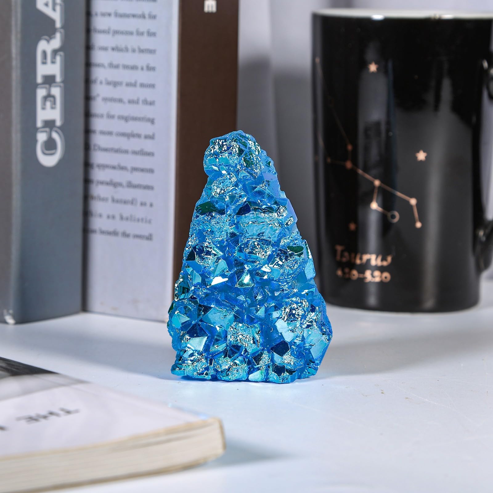 Rockcloud titanium-coated crystal cluster light refraction creates calming focal point