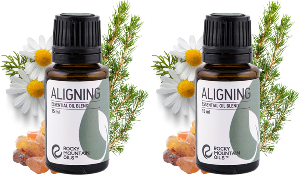 Rocky Mountain Oils Aligning bottle label shows calming rosewood and spruce notes.