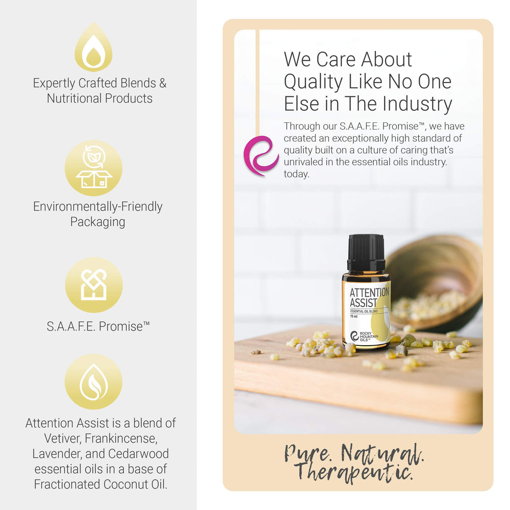 Rocky Mountain Oils Attention Assist ingredients list highlights main oils.