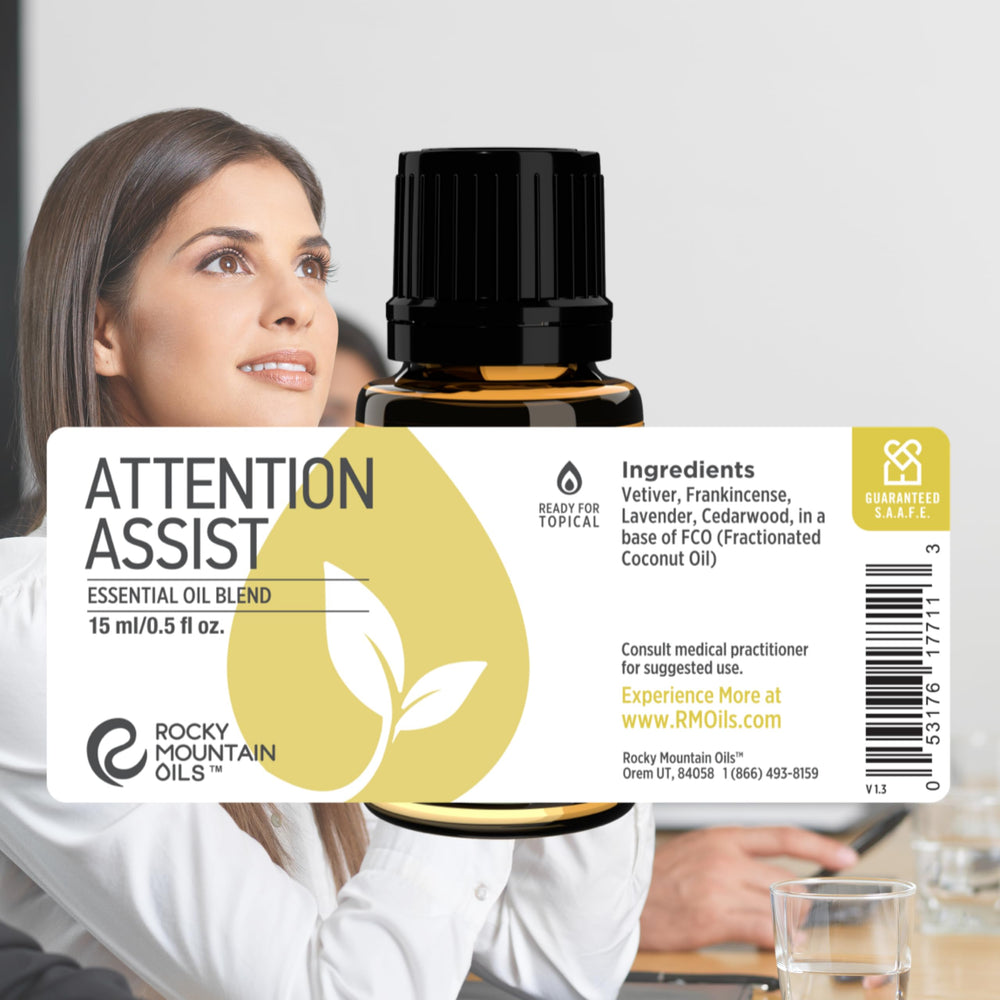 Rocky Mountain Oils Attention Assist label front showing ingredients and quality.