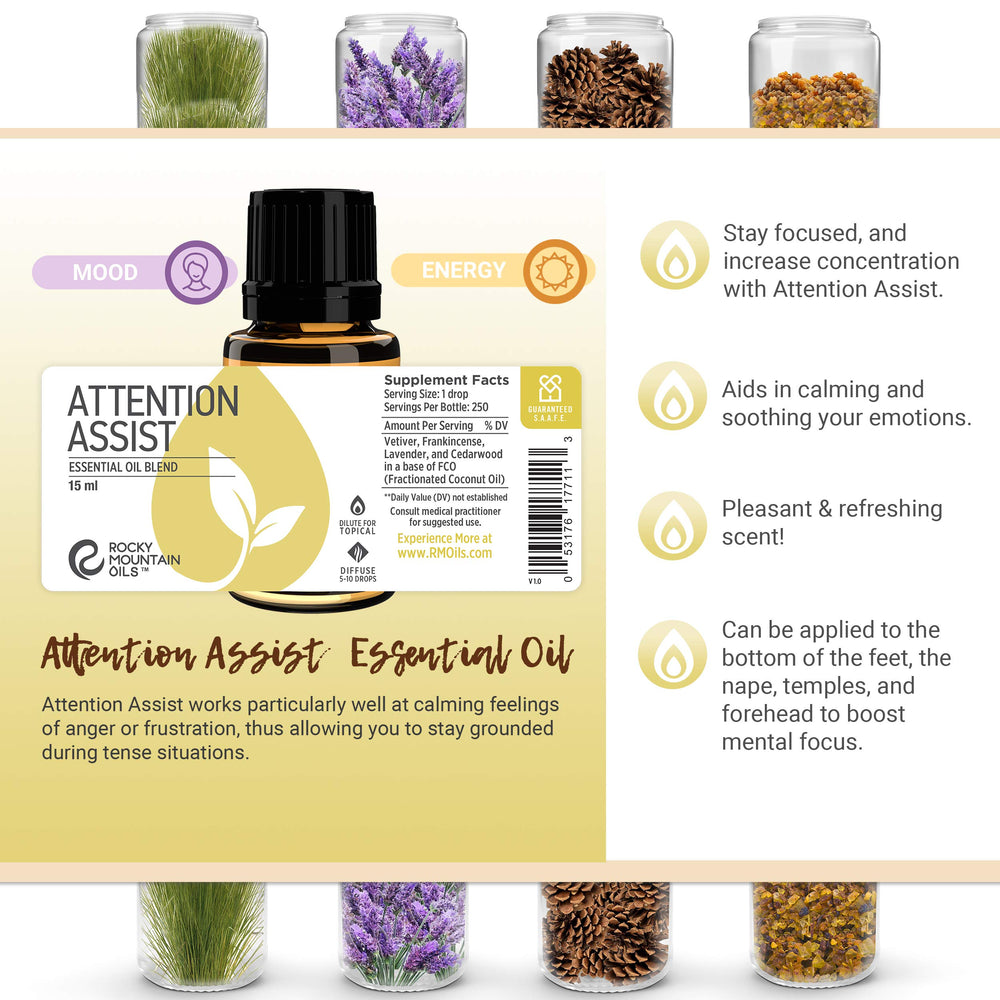 Rocky Mountain Oils Attention Assist Vetiver and Frankincense details.