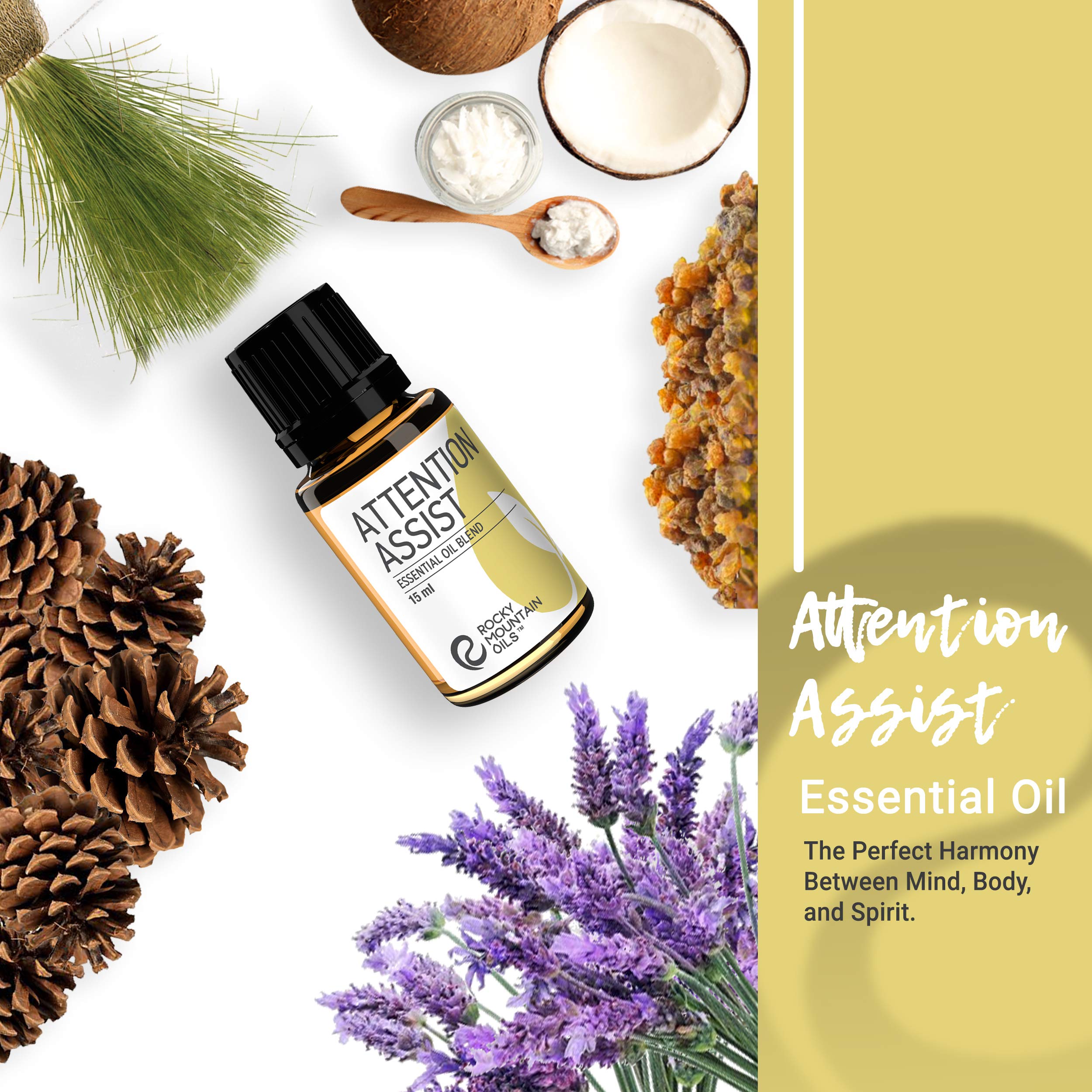 Rocky Mountain Oils Attention Assist woodsy aroma evokes earth and focus.
