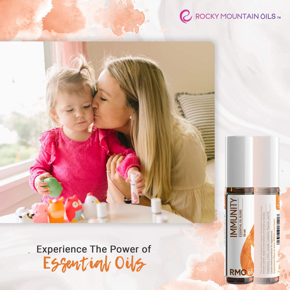 Application scene with Rocky Mountain Oils Kids Immunity Roll-On for gentle use.