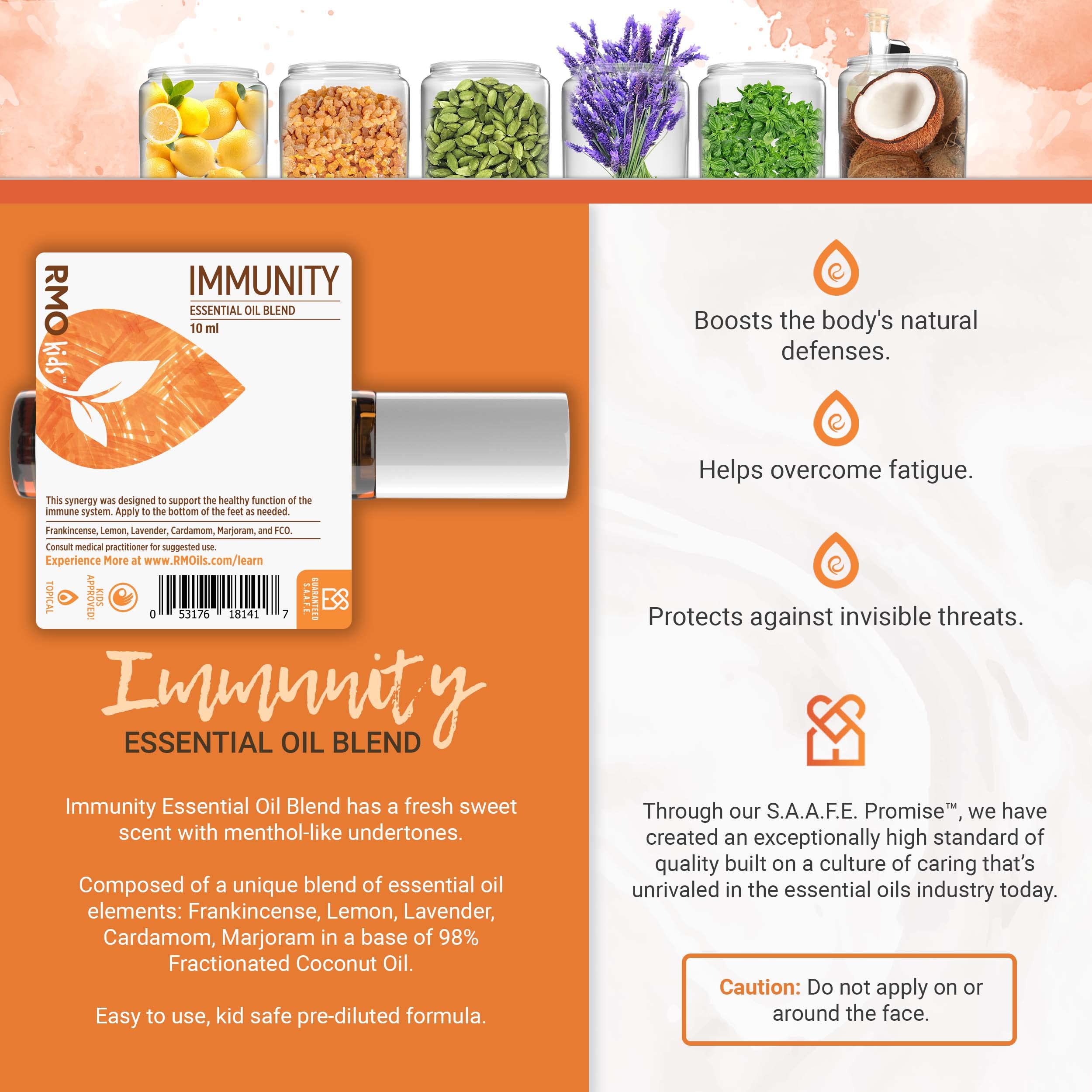 Ingredients close-up on Rocky Mountain Oils Immunity Roll-On blend details.
