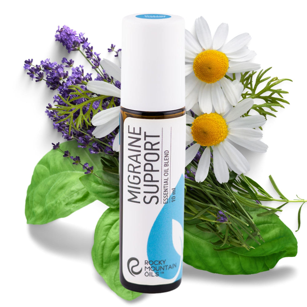 Rocky Mountain Oils Migraine Support 10ml bottle front view for on-the-go calming.