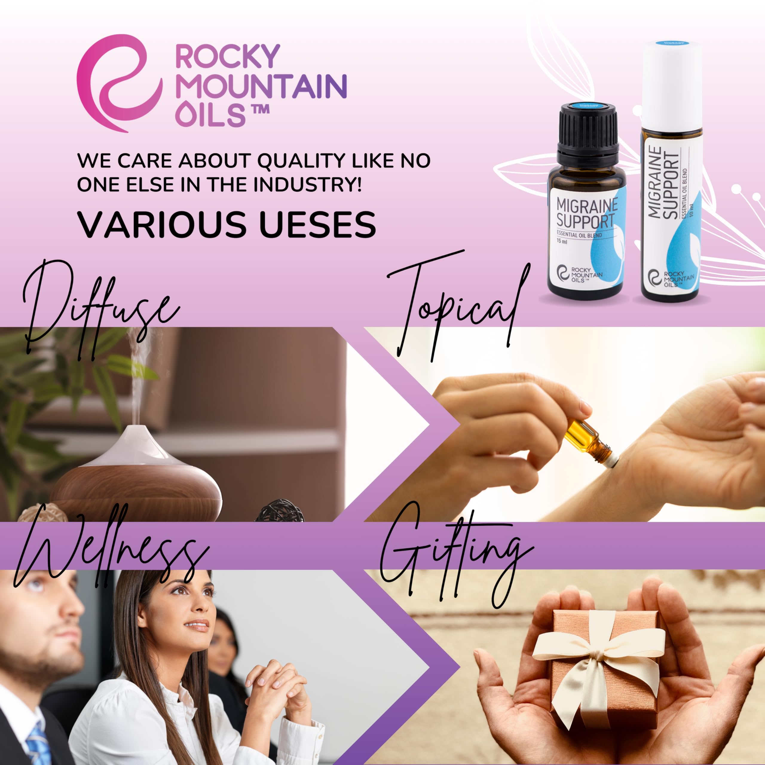 Rocky Mountain Oils Migraine Support diffuser scene for calm ambience.