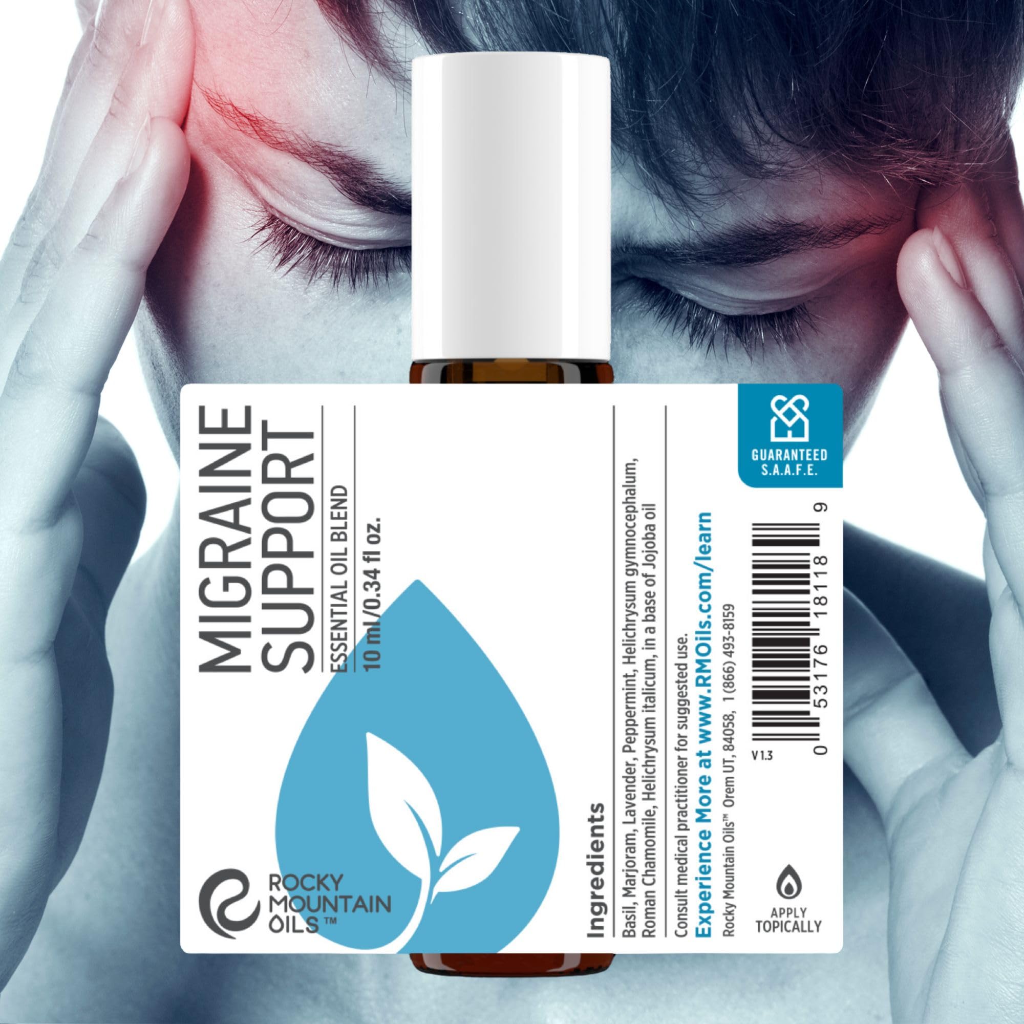 Rocky Mountain Oils Migraine Support label close-up showing pure essential oil blend.
