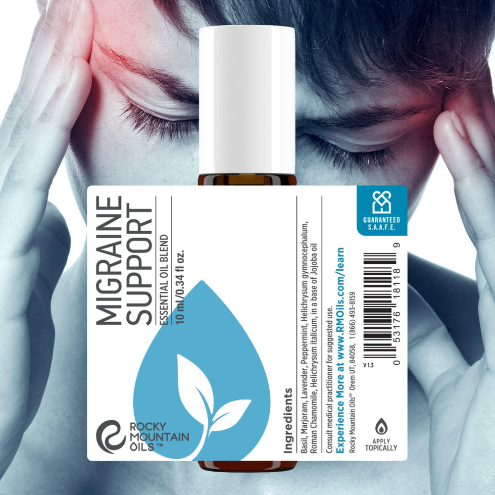 Rocky Mountain Oils Migraine Support label close-up showing pure essential oil blend.