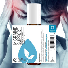 Rocky Mountain Oils Migraine Support label close-up showing pure essential oil blend.