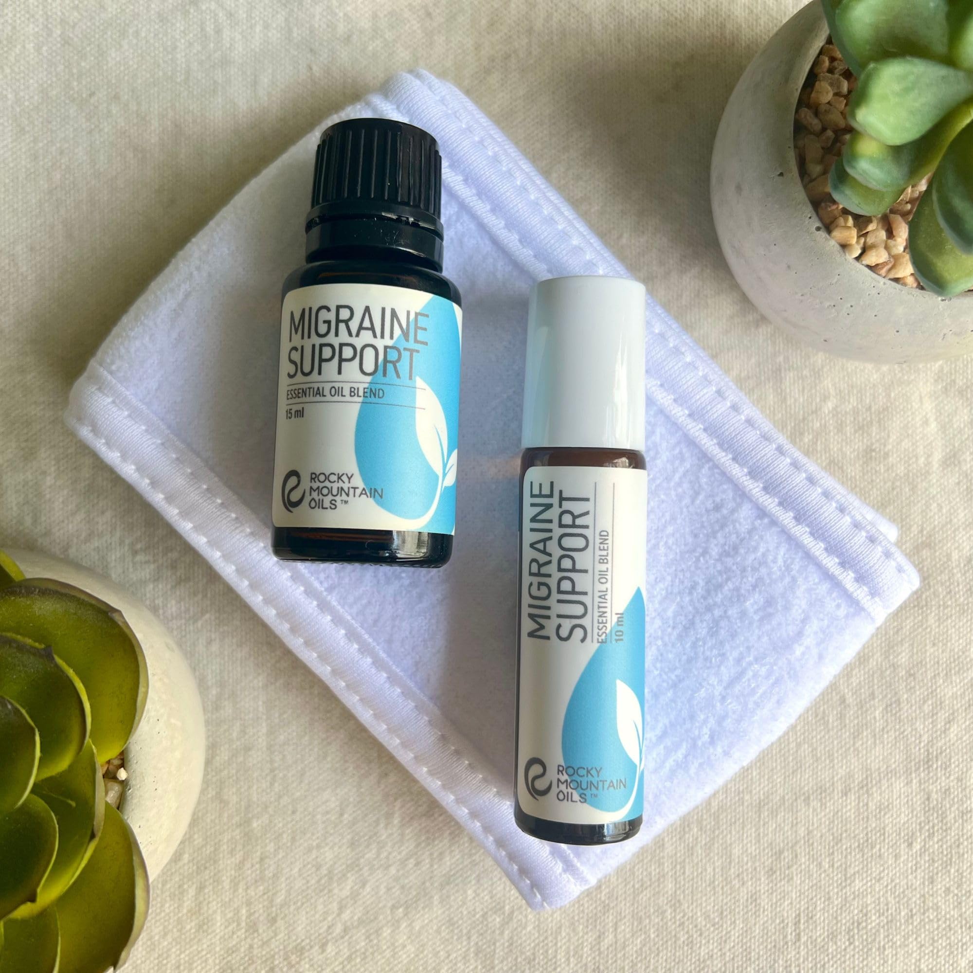 Rocky Mountain Oils Migraine Support relaxation scene highlighting serenity.