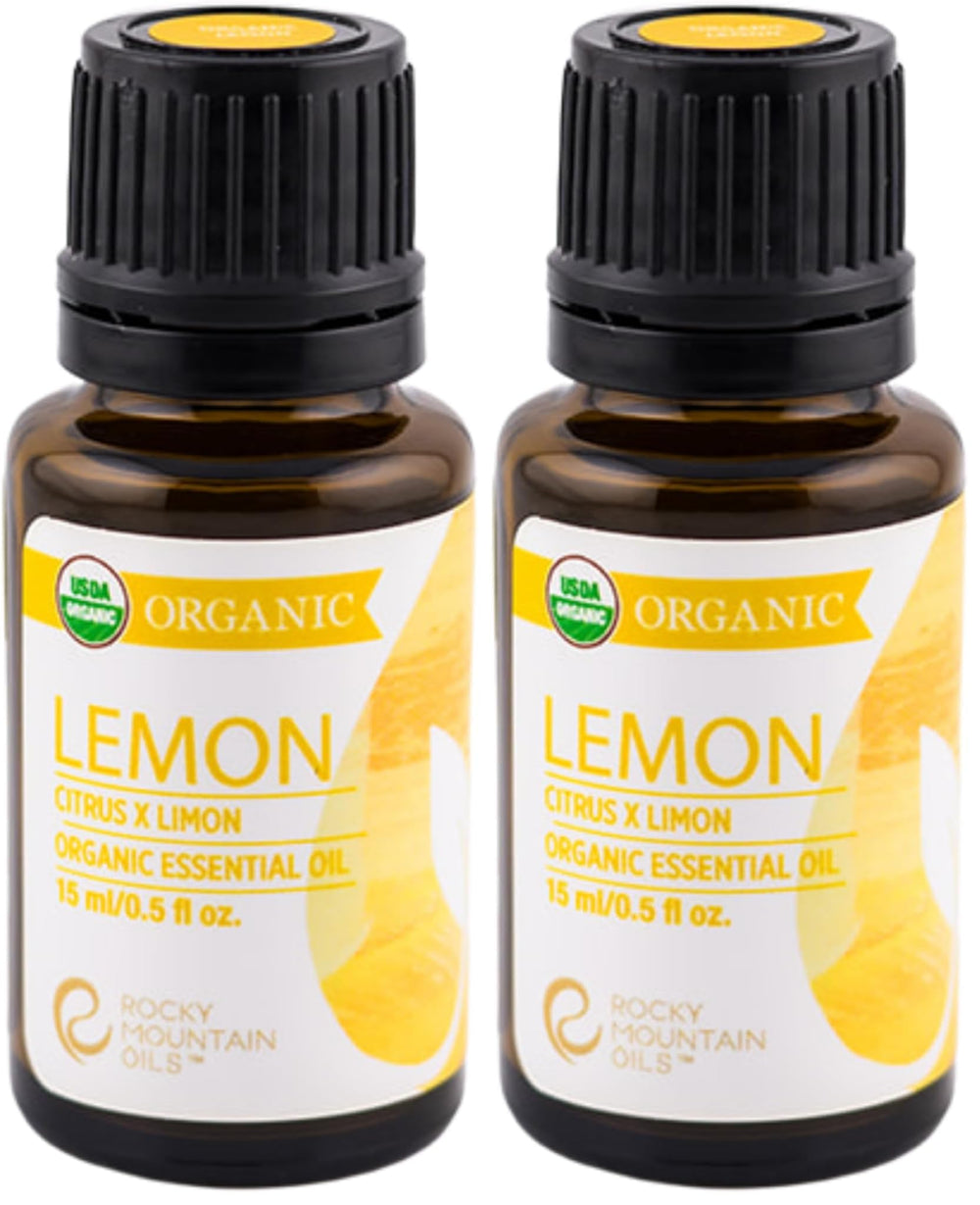 Rocky Mountain Oils Organic Lemon Essential Oil bottle, ideal for diffusing and DIY blends.