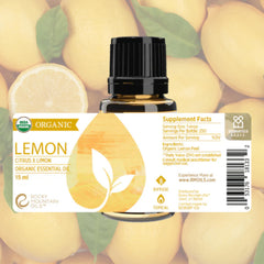 Rocky Mountain Oils Organic Lemon Essential Oil drop, showing purity for aromatherapy uses.