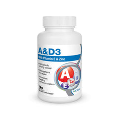 Roex Vitamin A and D Plus E bottle front showing the supplement's daily nutrient blend for immune support