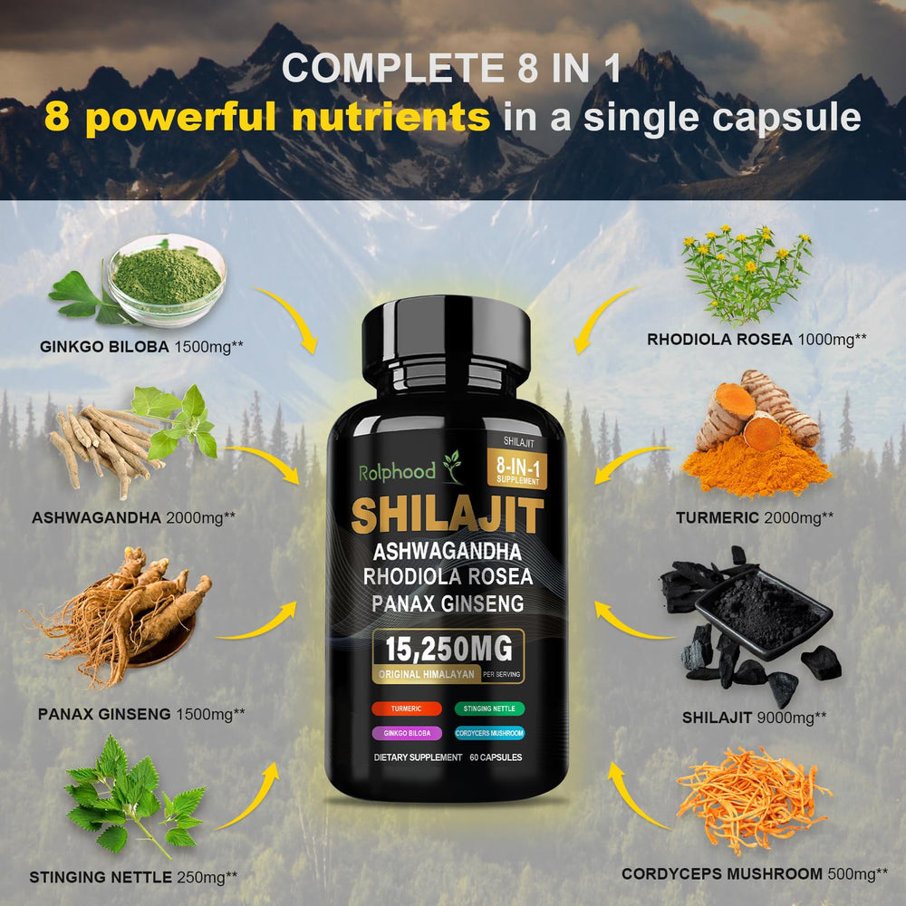 Rolphood Shilajit ingredients panel shows 8-in-1 blend