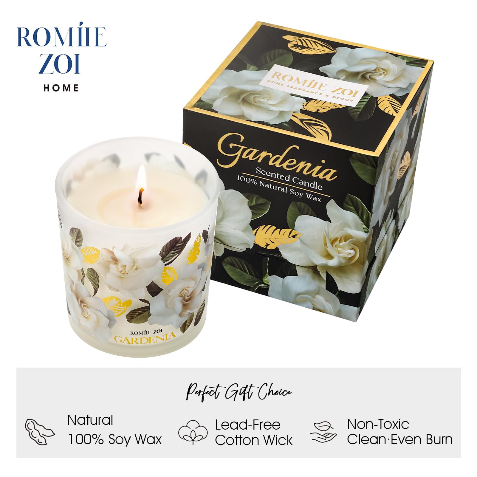 ROMIIE ZOI Gardenia candle lit side view for cozy ambiance.