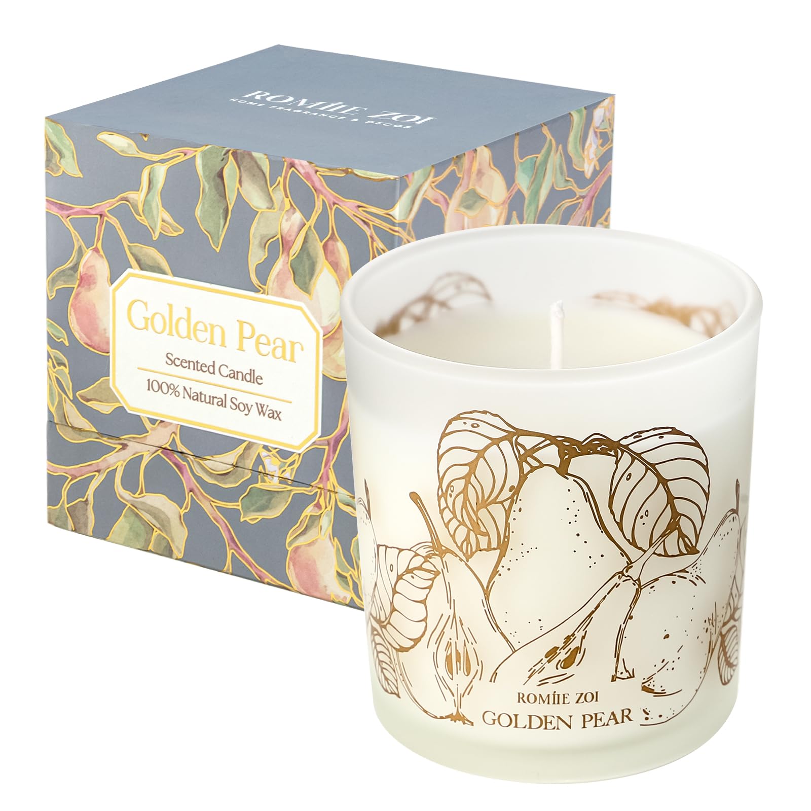 ROMIIE ZOI Golden Pear candle close-up reveals a rich, fruity fragrance for cozy spaces.