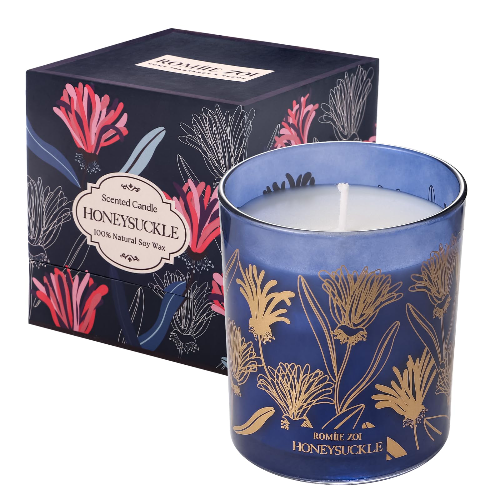 ROMIIE ZOI honeysuckle candle jar close-up showing elegant label for mood-setting.