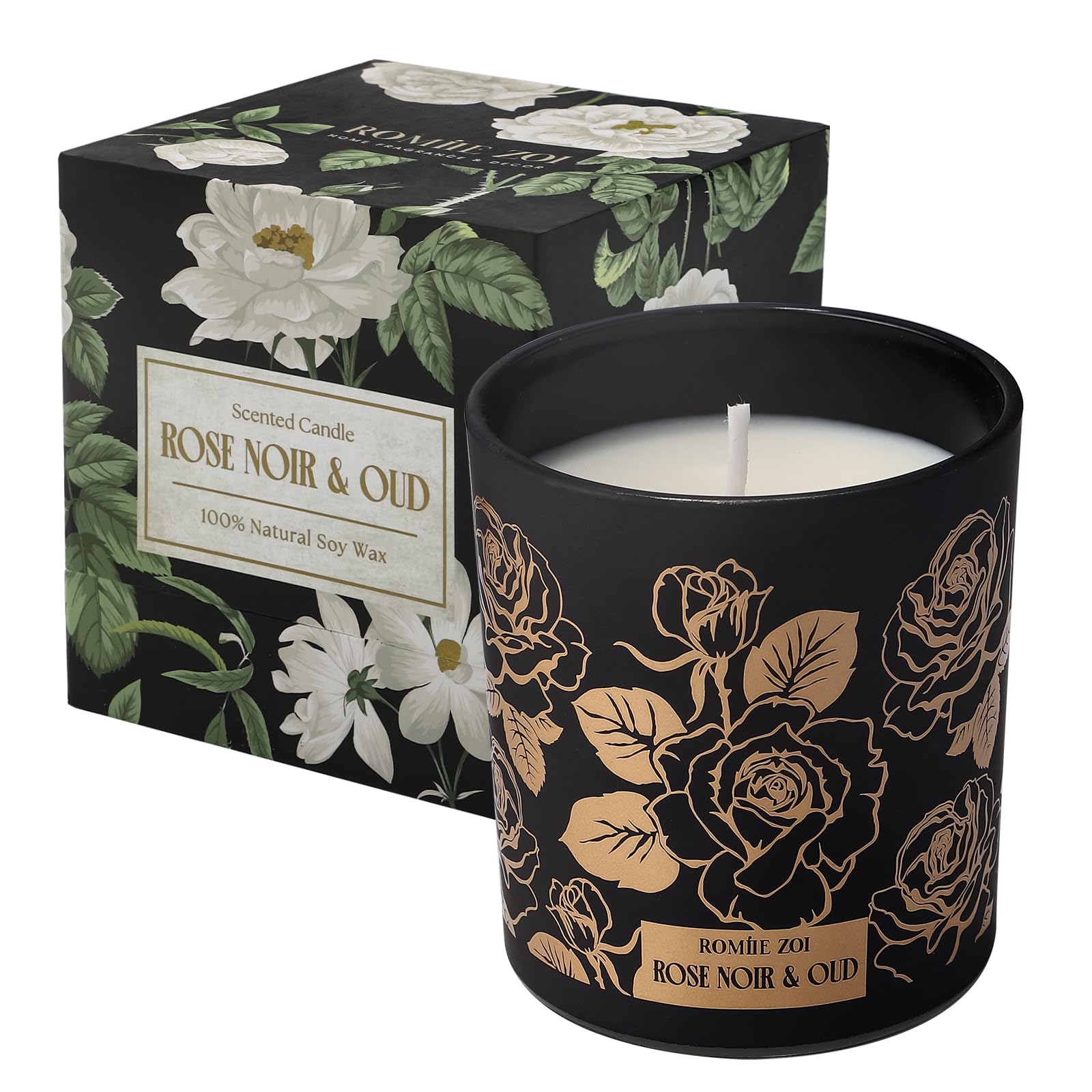ROMIIE ZOI Rose Noir & Oud candle, front view, creates elegant ambiance for relaxing evenings.