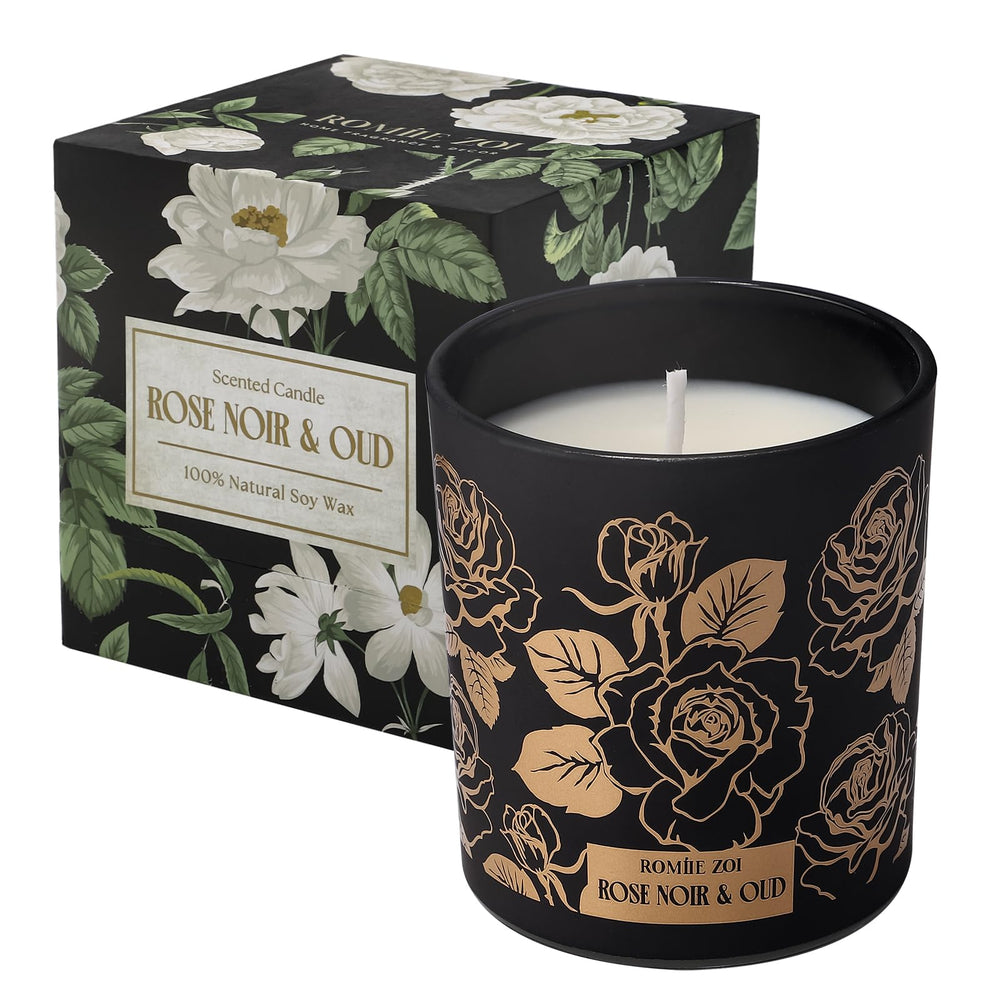ROMIIE ZOI Rose Noir & Oud candle, front view, creates elegant ambiance for relaxing evenings.