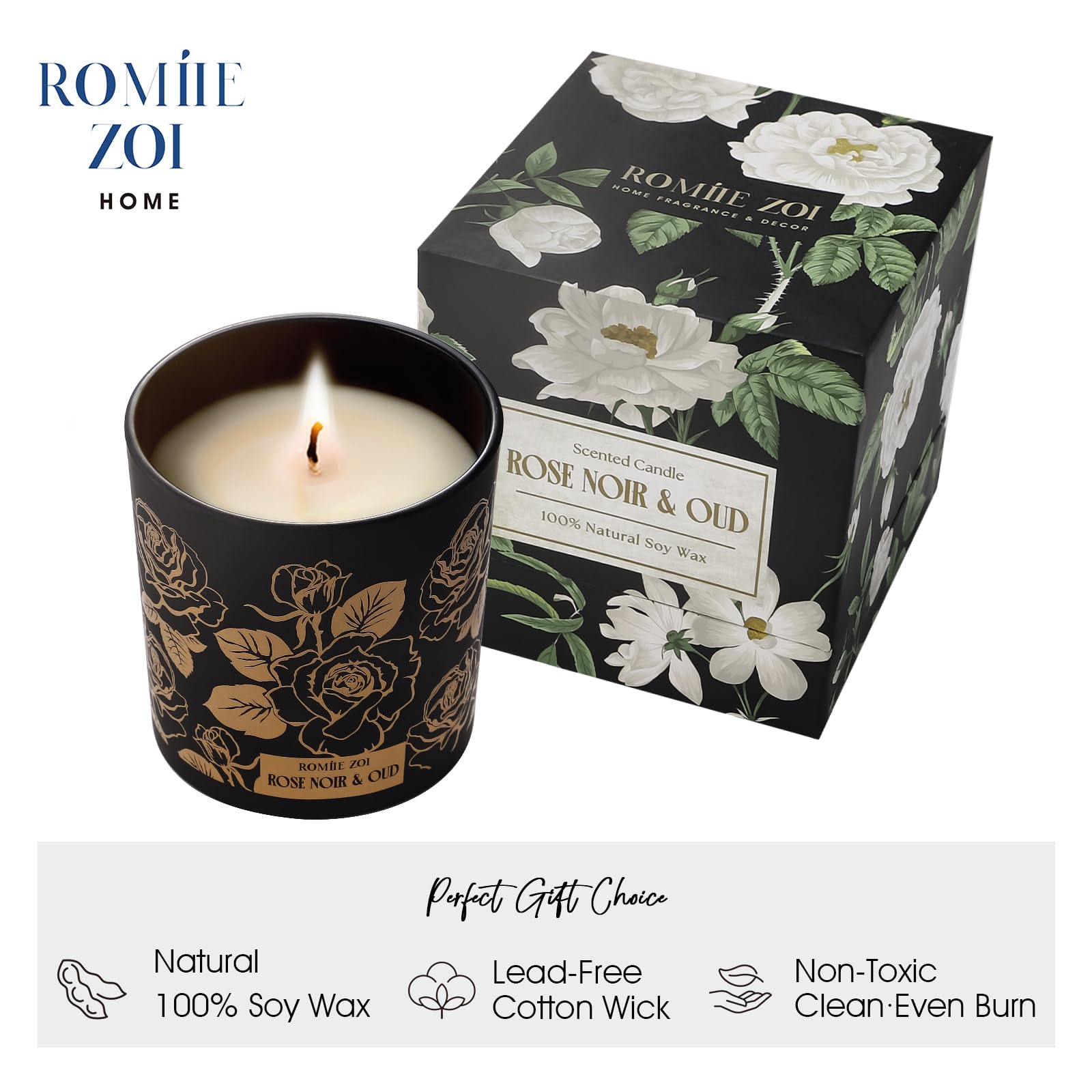 ROMIIE ZOI Rose Noir & Oud candle label closeup; premium soy wax for clean burn.