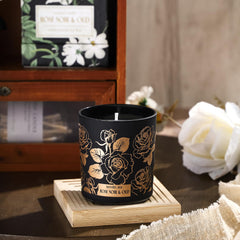 ROMIIE ZOI Rose Noir & Oud candle with lid off; cozy room decor and aroma.